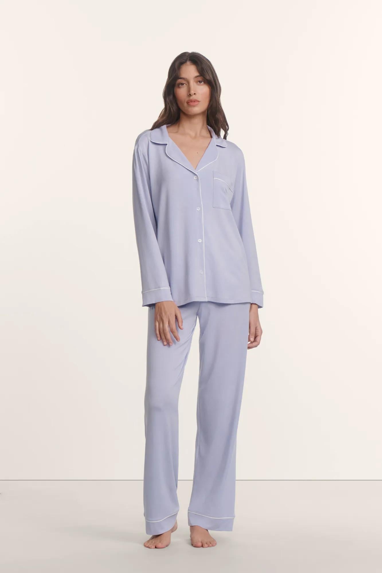Model is wearing Gisele TENCEL™ Modal Long PJ Set in Lavender Dusk/Ivory
