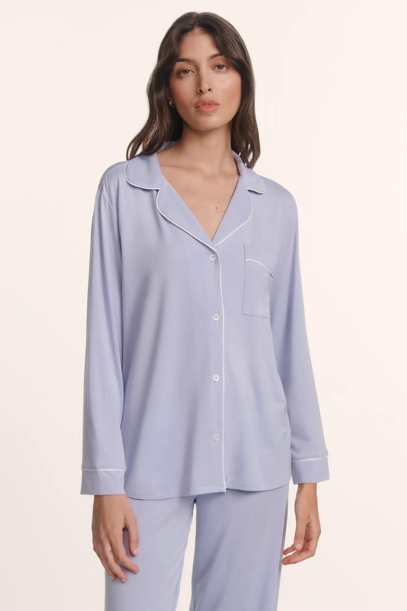Model is wearing Gisele TENCEL™ Modal Long PJ Set in Lavender Dusk/Ivory