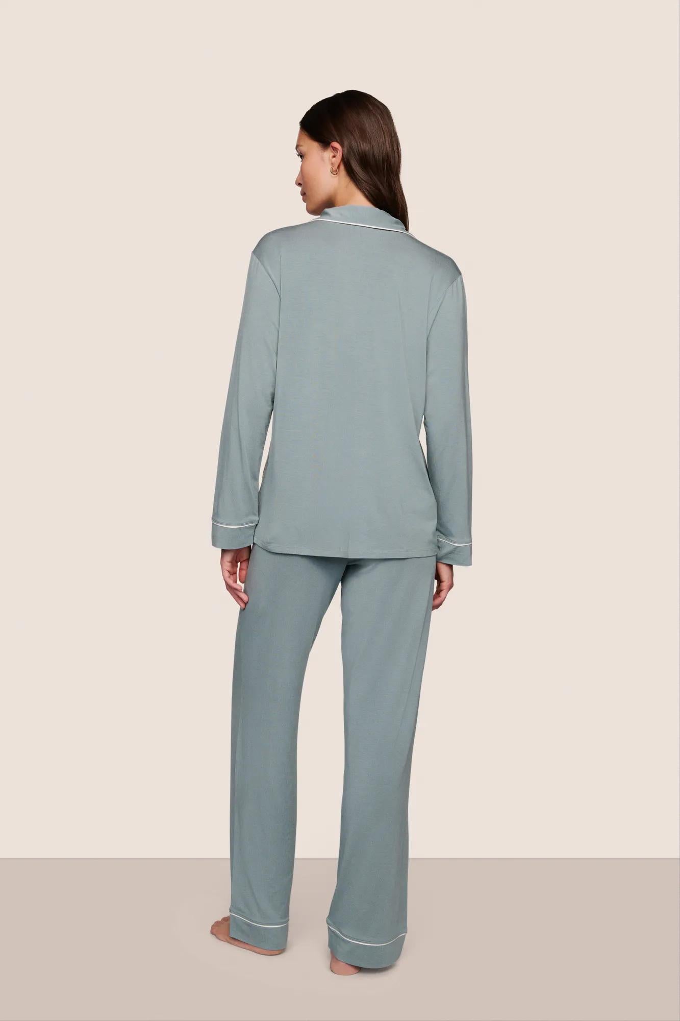 Model is wearing Gisele TENCEL™ Modal Long PJ Set  in Lead/Ivory