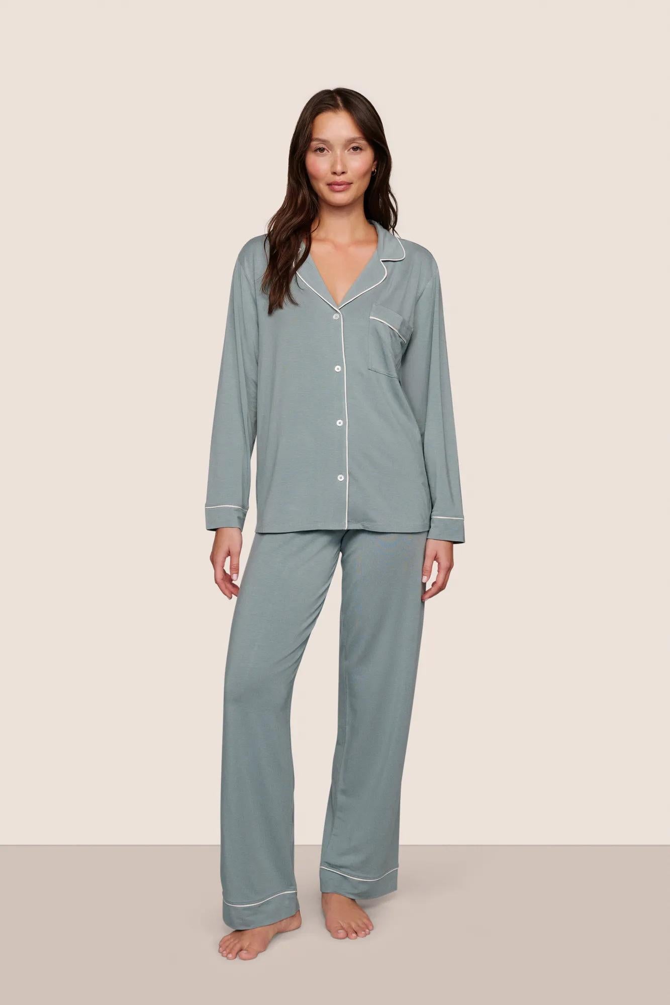 Model is wearing Gisele TENCEL™ Modal Long PJ Set  in Lead/Ivory