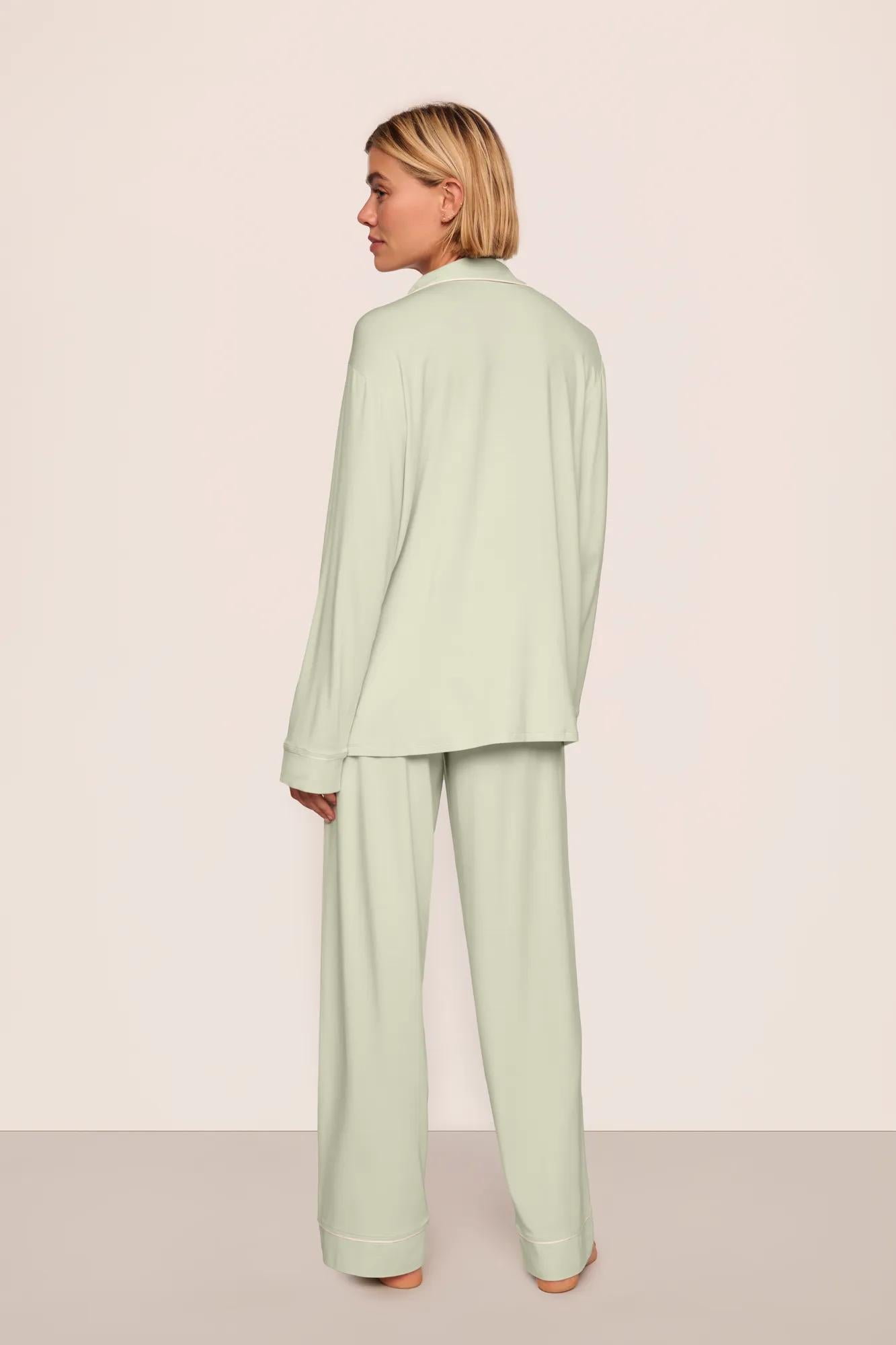 Model is wearing Gisele TENCEL™ Modal Long PJ Set  in Mint Cream/Ivory