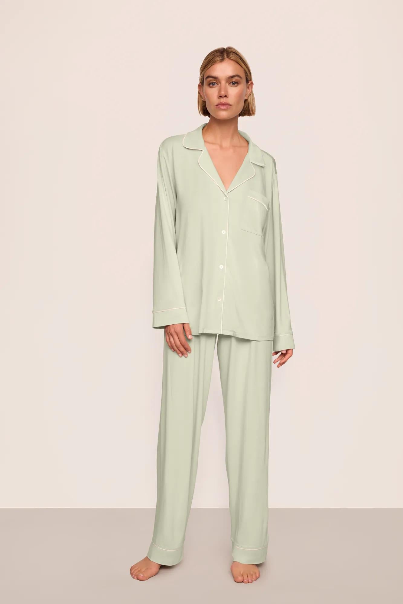 Model is wearing Gisele TENCEL™ Modal Long PJ Set  in Mint Cream/Ivory