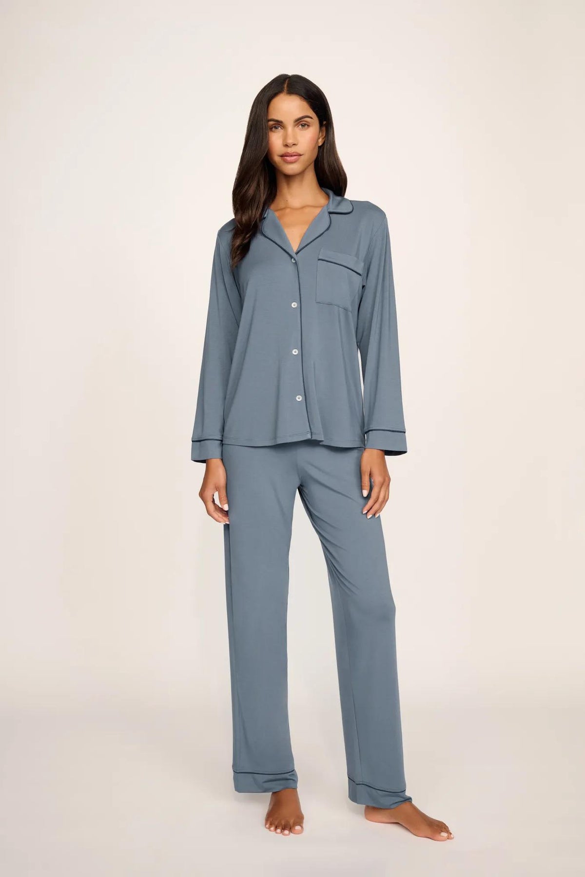 Model is wearing Gisele TENCEL™ Modal Long PJ Set in Moonlight Blue/Navy