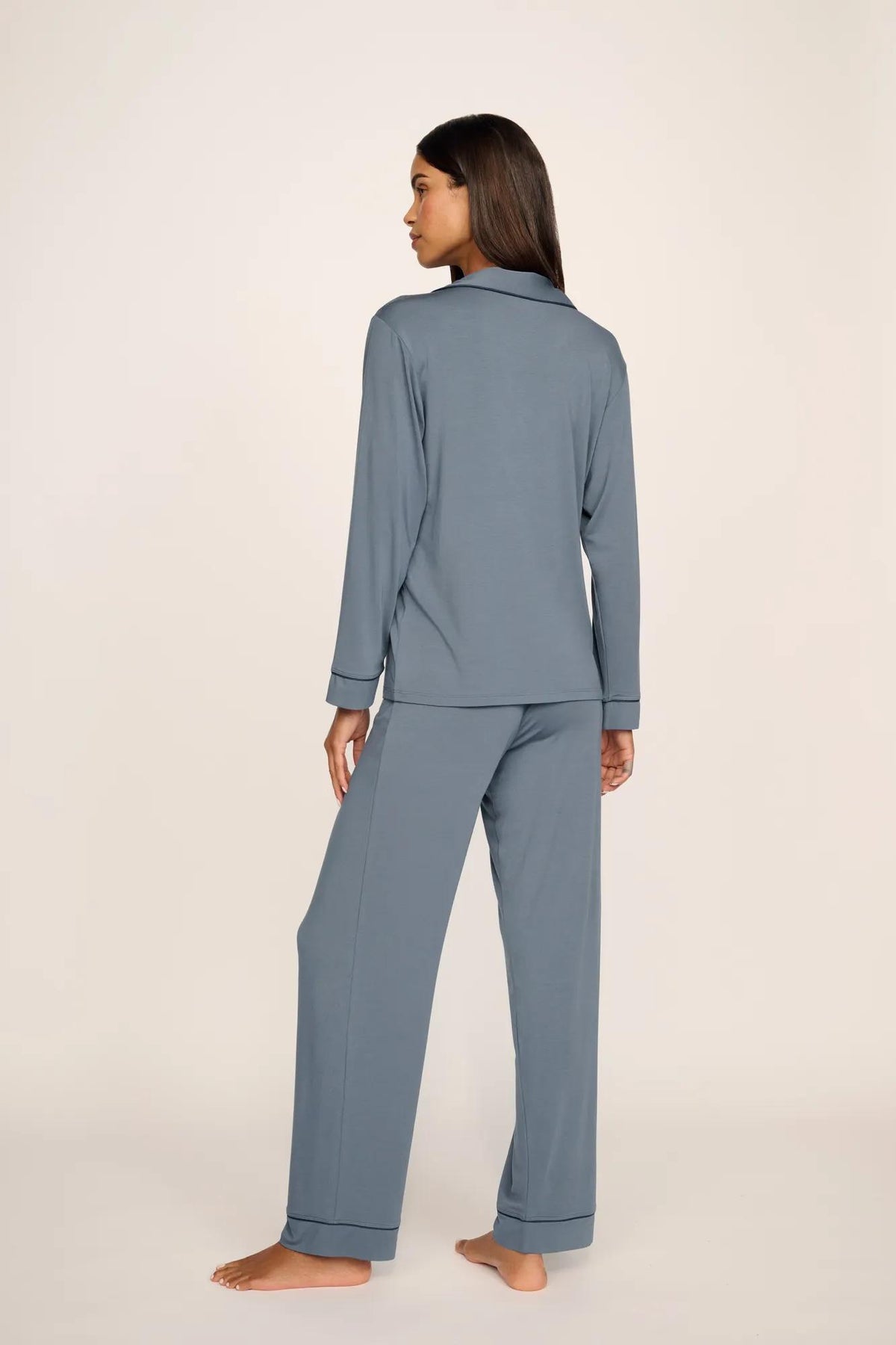 Model is wearing Gisele TENCEL™ Modal Long PJ Set in Moonlight Blue/Navy