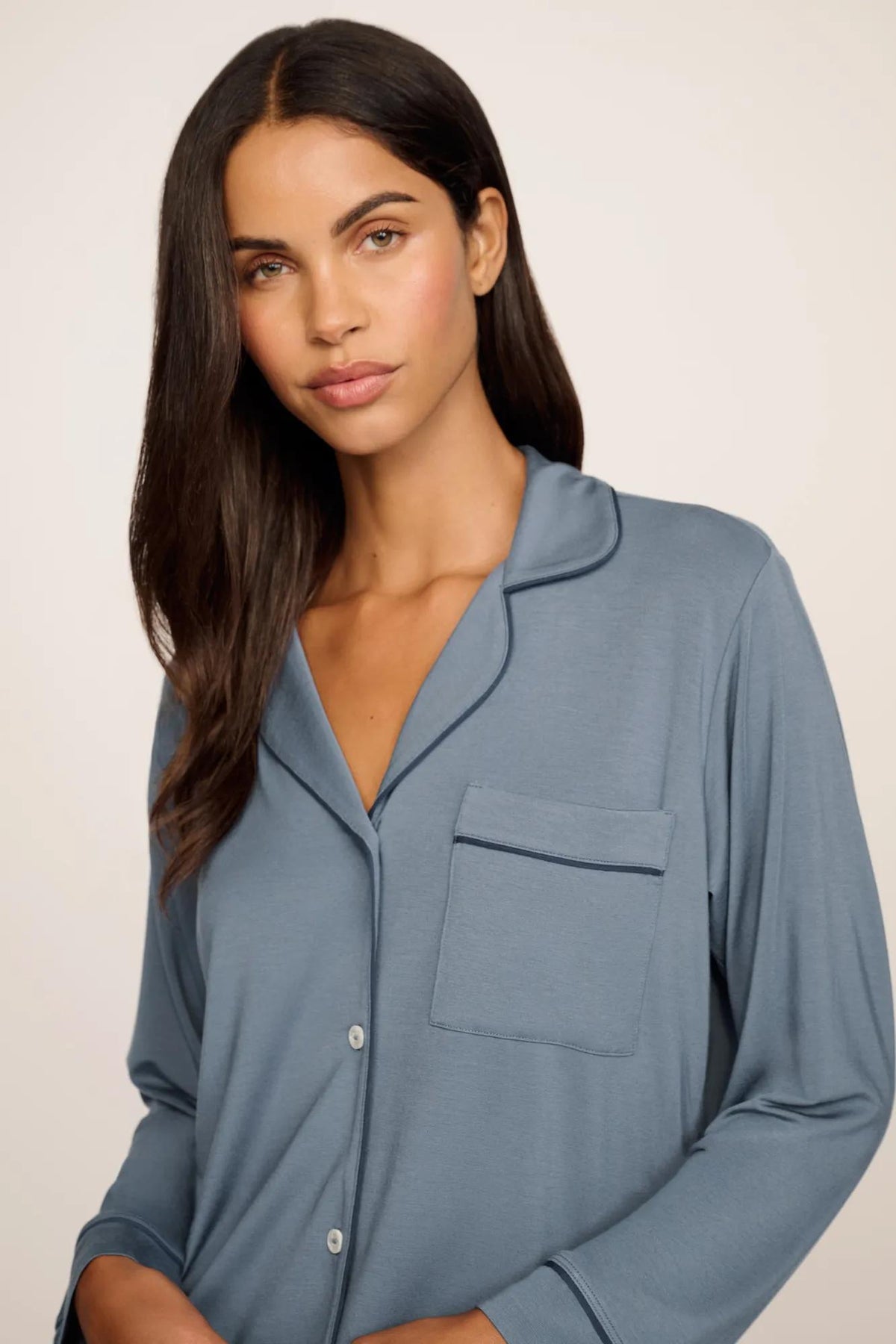 Model is wearing Gisele TENCEL™ Modal Long PJ Set in Moonlight Blue/Navy