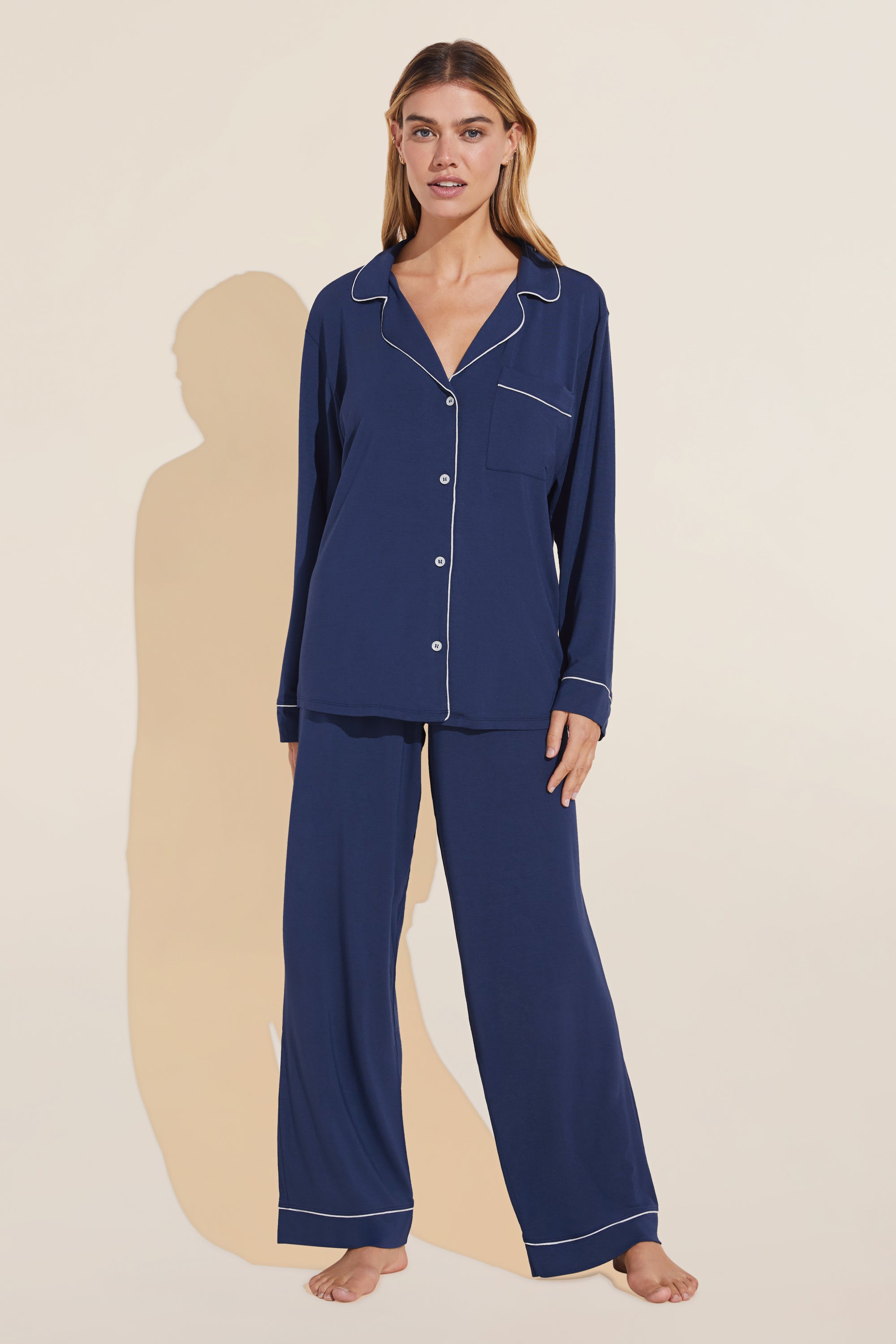 Model in Gisele Long PJ in Navy/Ivory