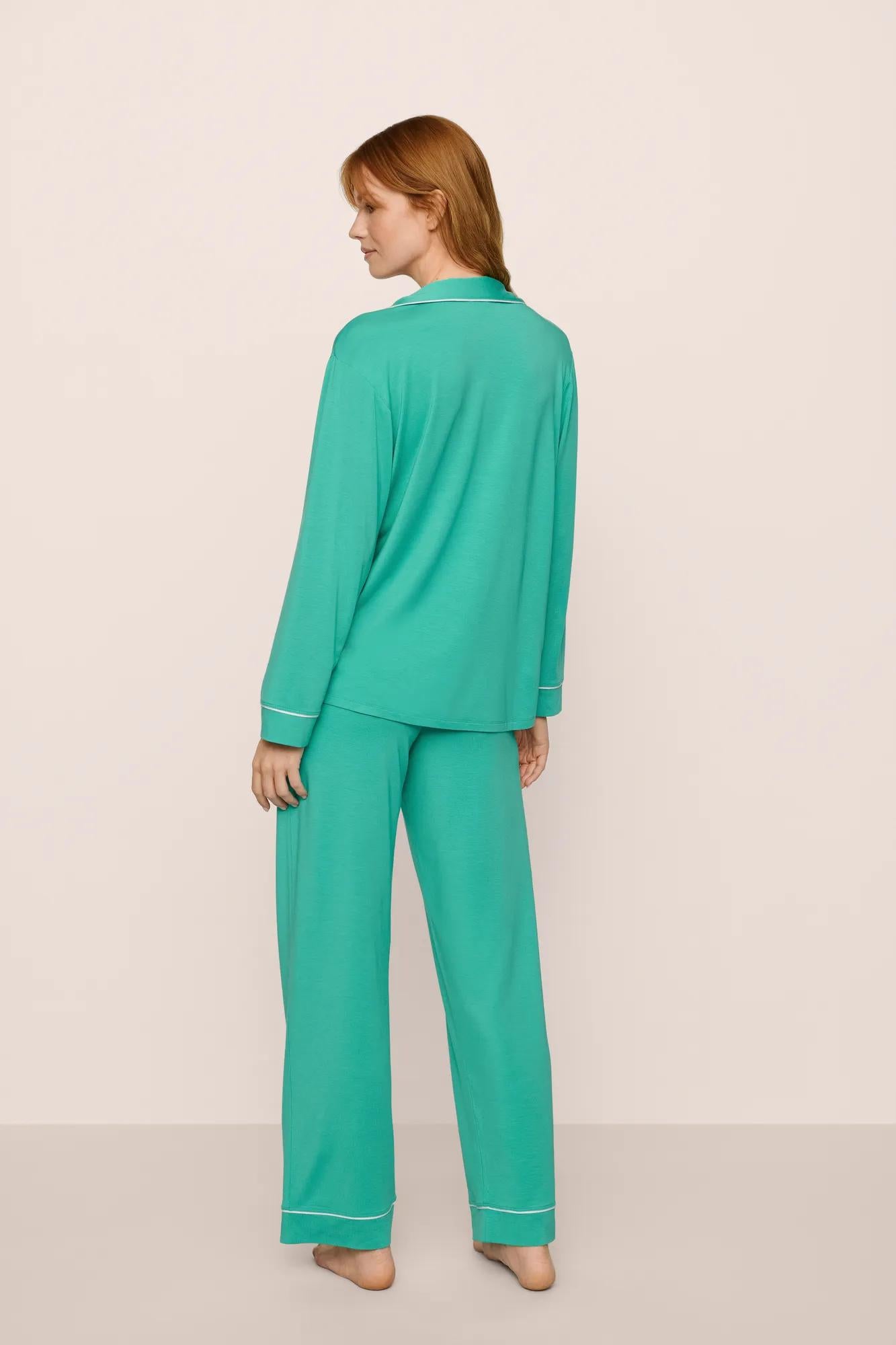 Model is wearing Gisele TENCEL™ Modal Long PJ Set in  Oasis Green/White