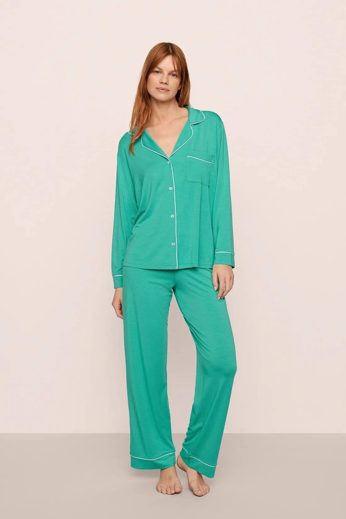 Model is wearing Gisele TENCEL™ Modal Long PJ Set in  Oasis Green/White