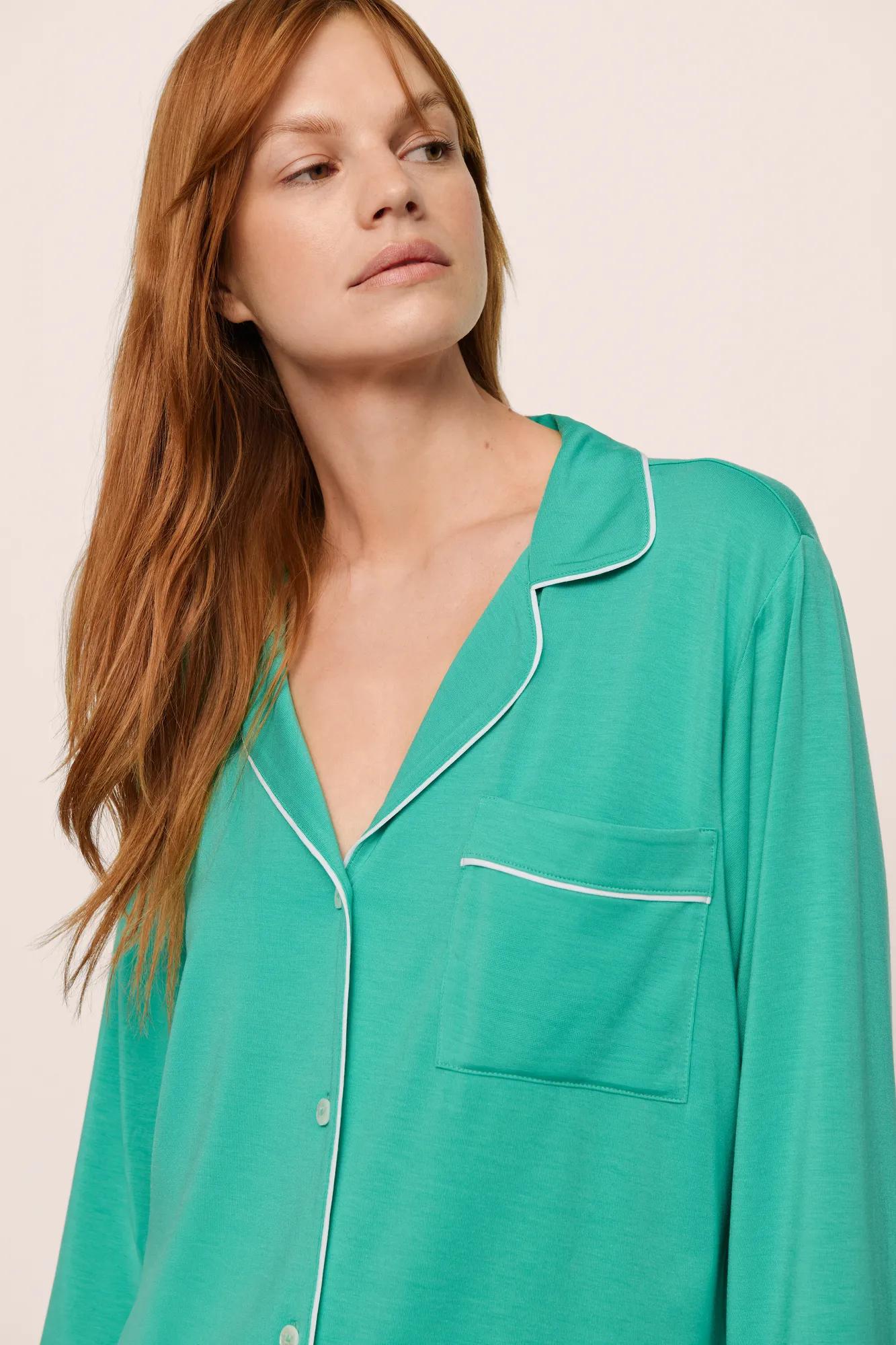 Model is wearing Gisele TENCEL™ Modal Long PJ Set in  Oasis Green/White