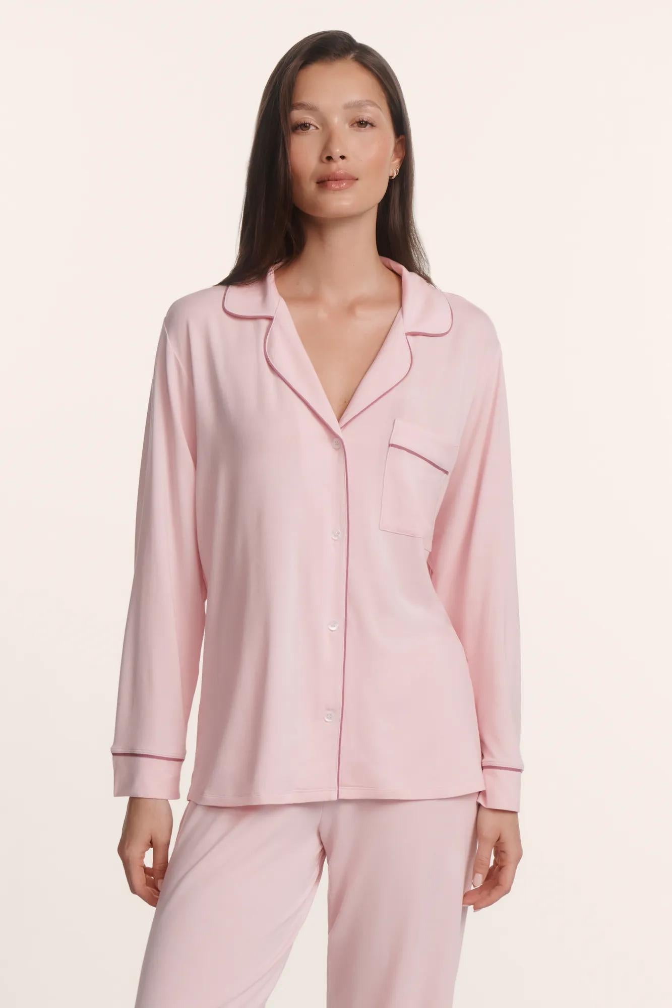 Model is wearing Gisele TENCEL™ Modal Long PJ Set in Pale Pink/Fig