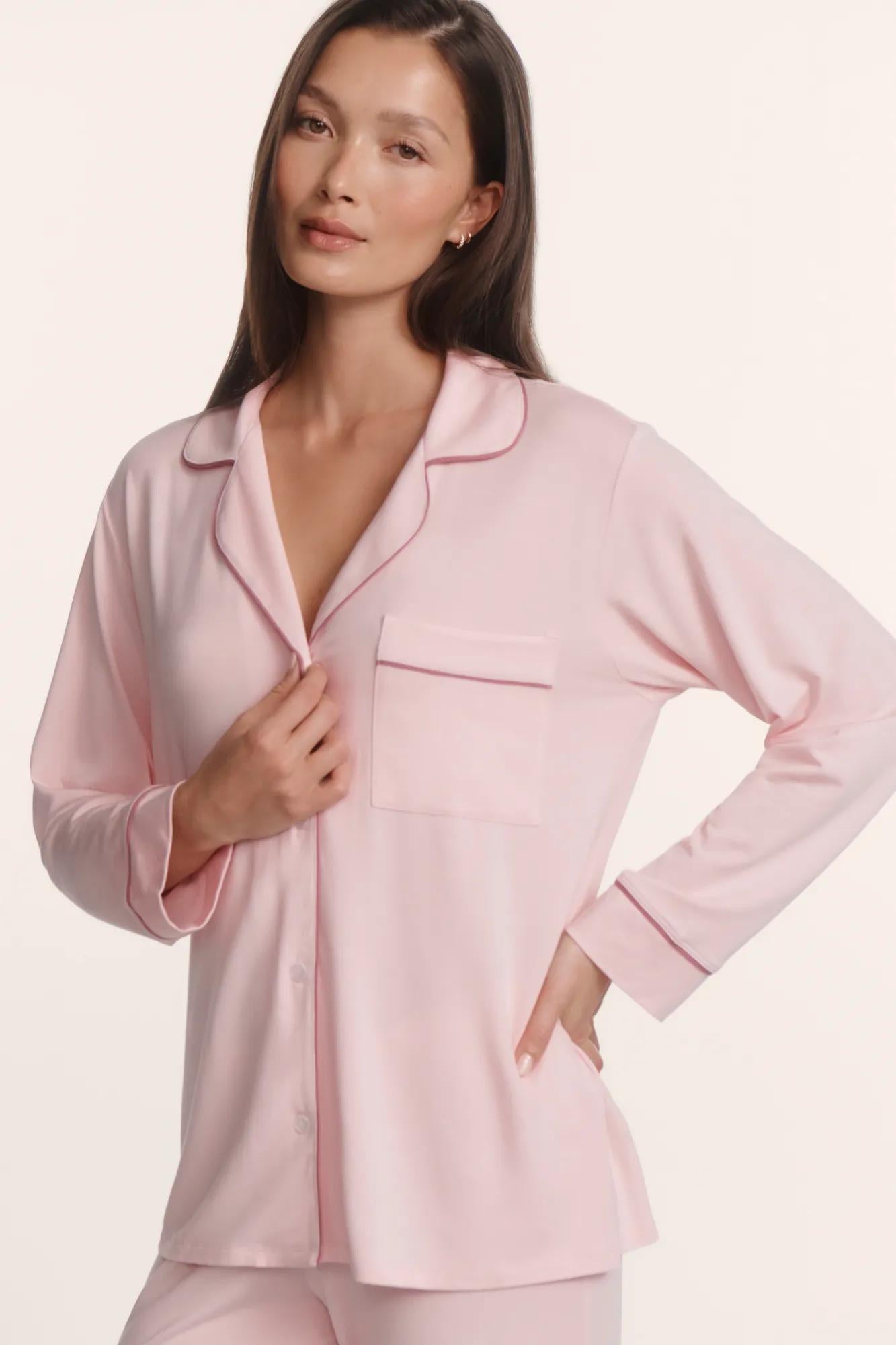 Model is wearing Gisele TENCEL™ Modal Long PJ Set in Pale Pink/Fig