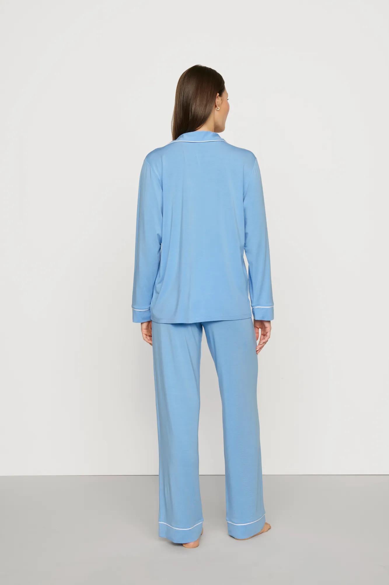 Model is wearing Gisele TENCEL™ Modal Long PJ Set in Summer Blue/White