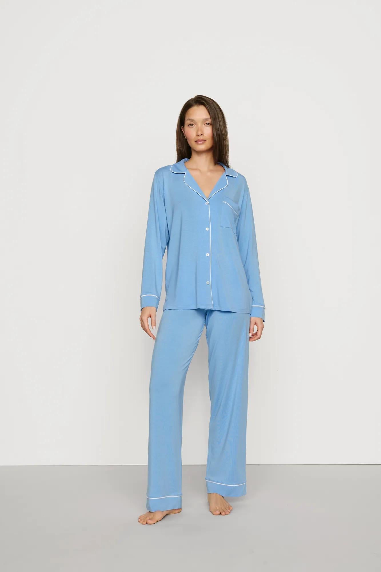 Model is wearing Gisele TENCEL™ Modal Long PJ Set in Summer Blue/White