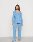 Model is wearing Gisele TENCEL™ Modal Long PJ Set in Summer Blue/White