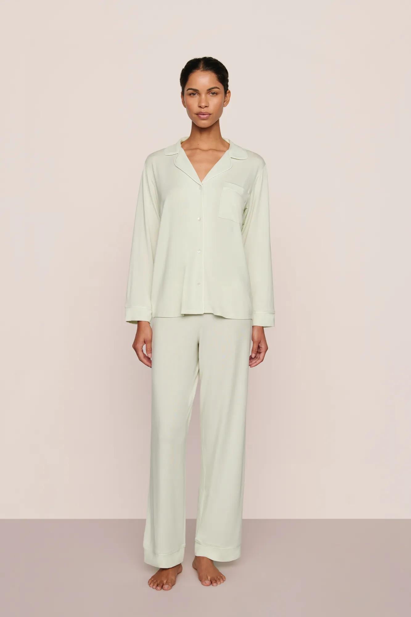 Model is wearing Gisele TENCEL™ Modal Long PJ Set  in Seafoam/Ivory
