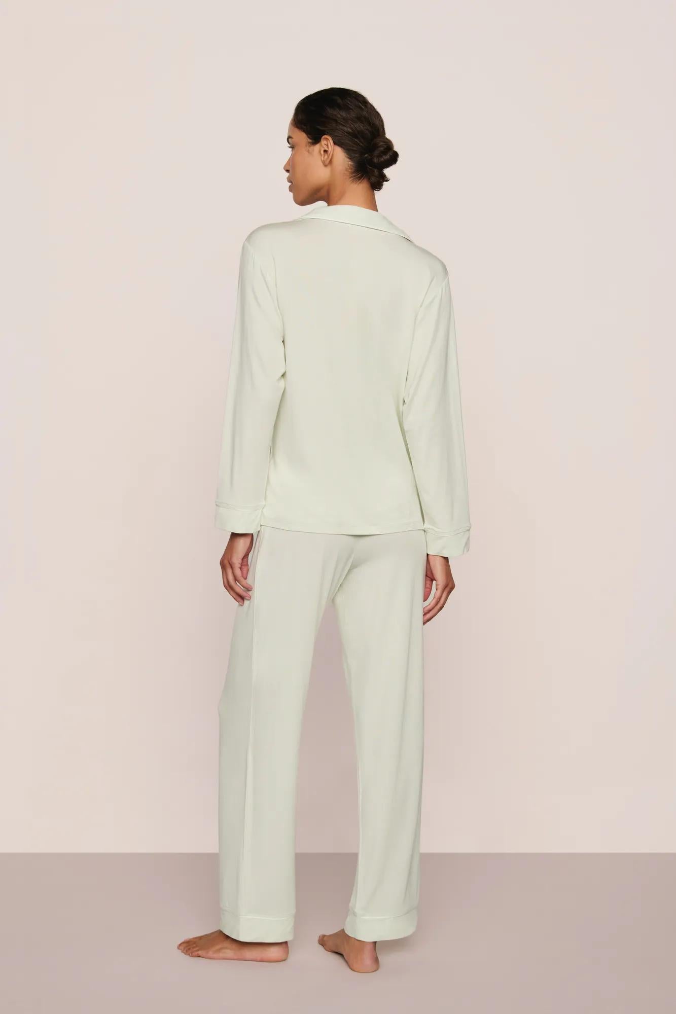 Model is wearing Gisele TENCEL™ Modal Long PJ Set  in Seafoam/Ivory