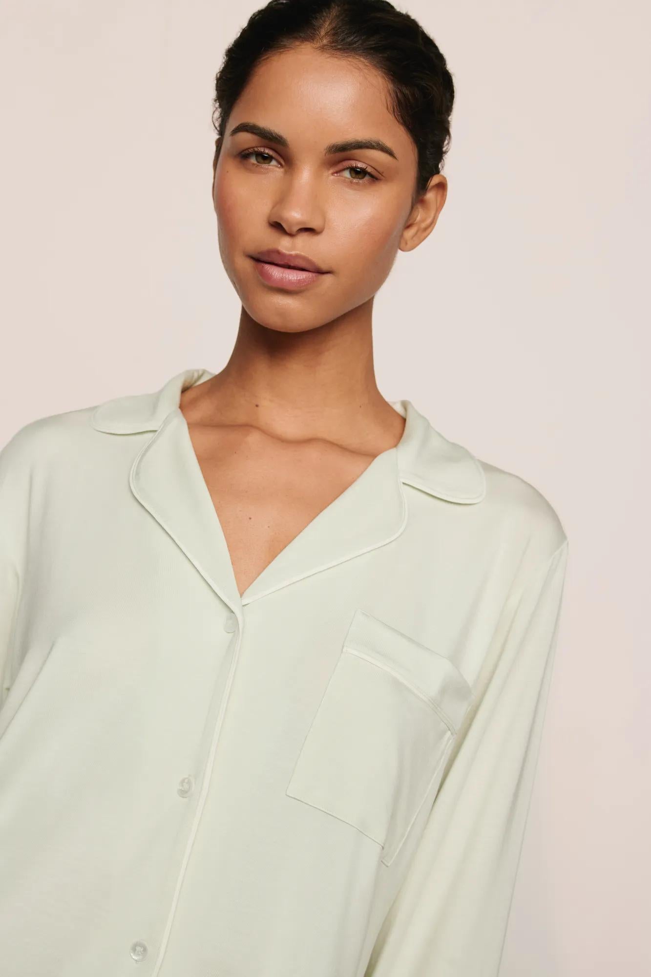 Model is wearing Gisele TENCEL™ Modal Long PJ Set  in Seafoam/Ivory