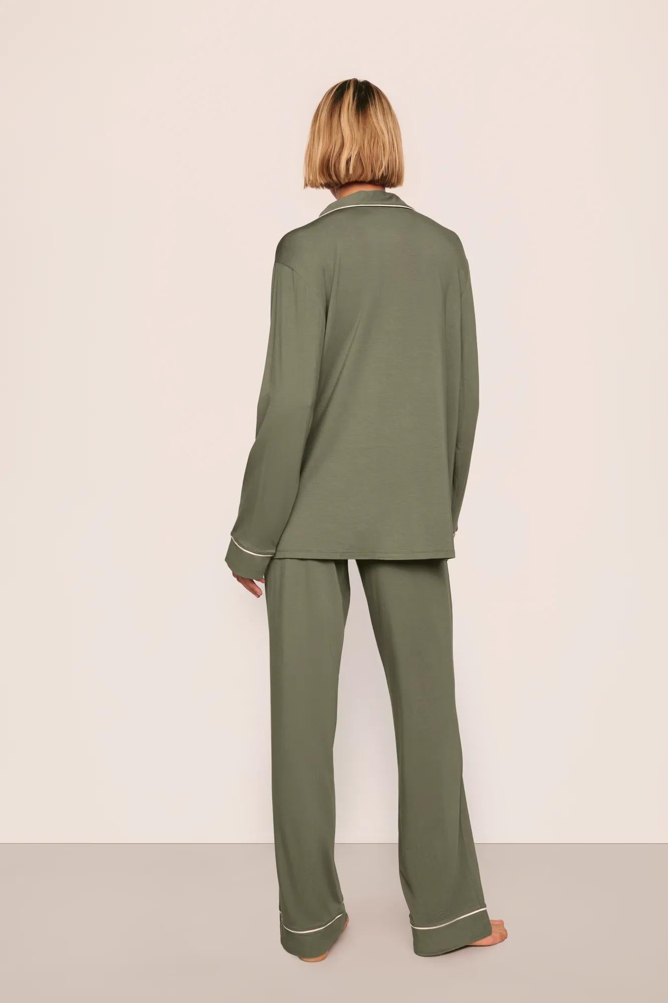 Model is wearing Gisele TENCEL™ Modal Long PJ Set  in Smokey Olive/Ivory