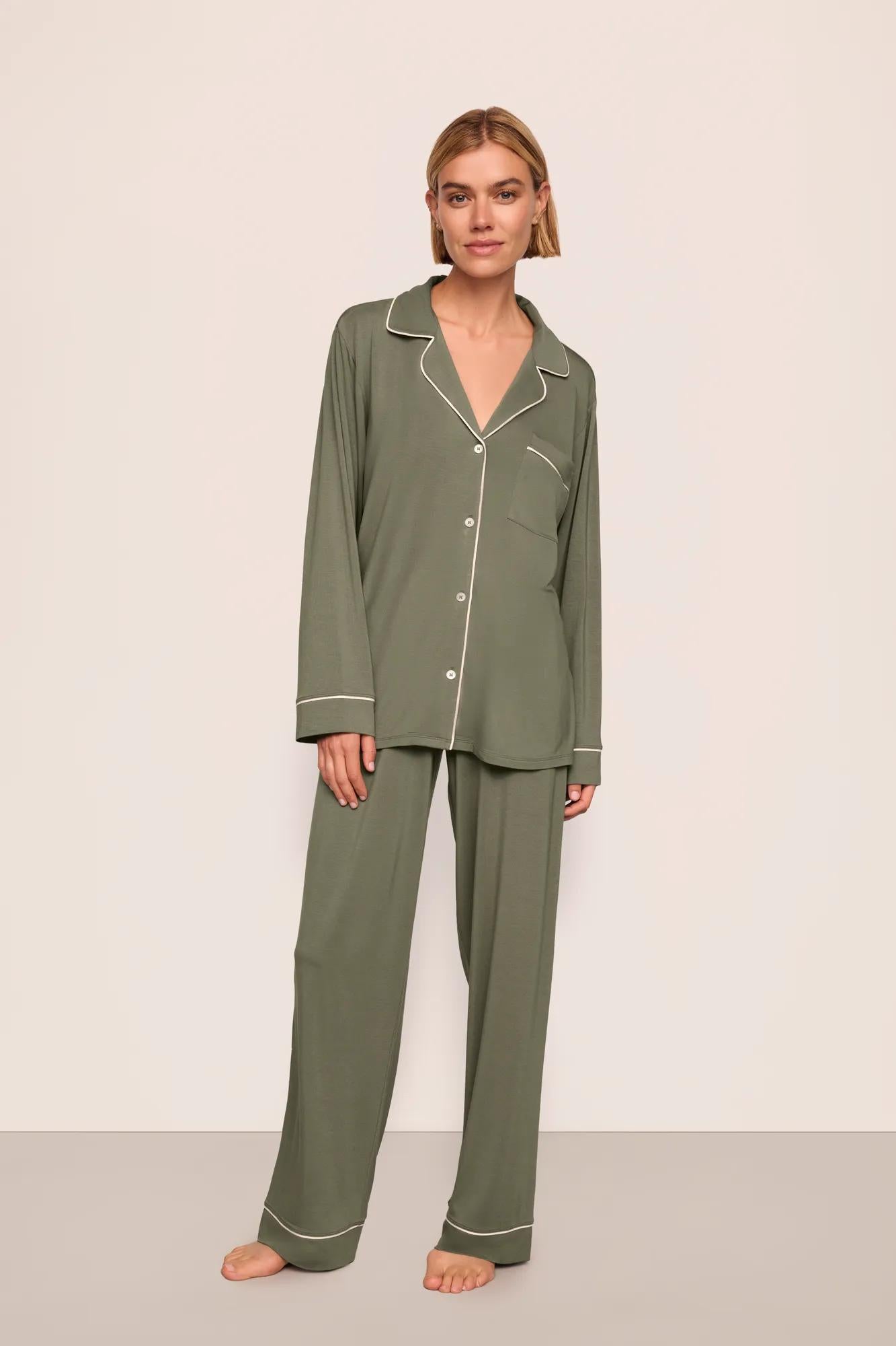 Model is wearing Gisele TENCEL™ Modal Long PJ Set  in Smokey Olive/Ivory