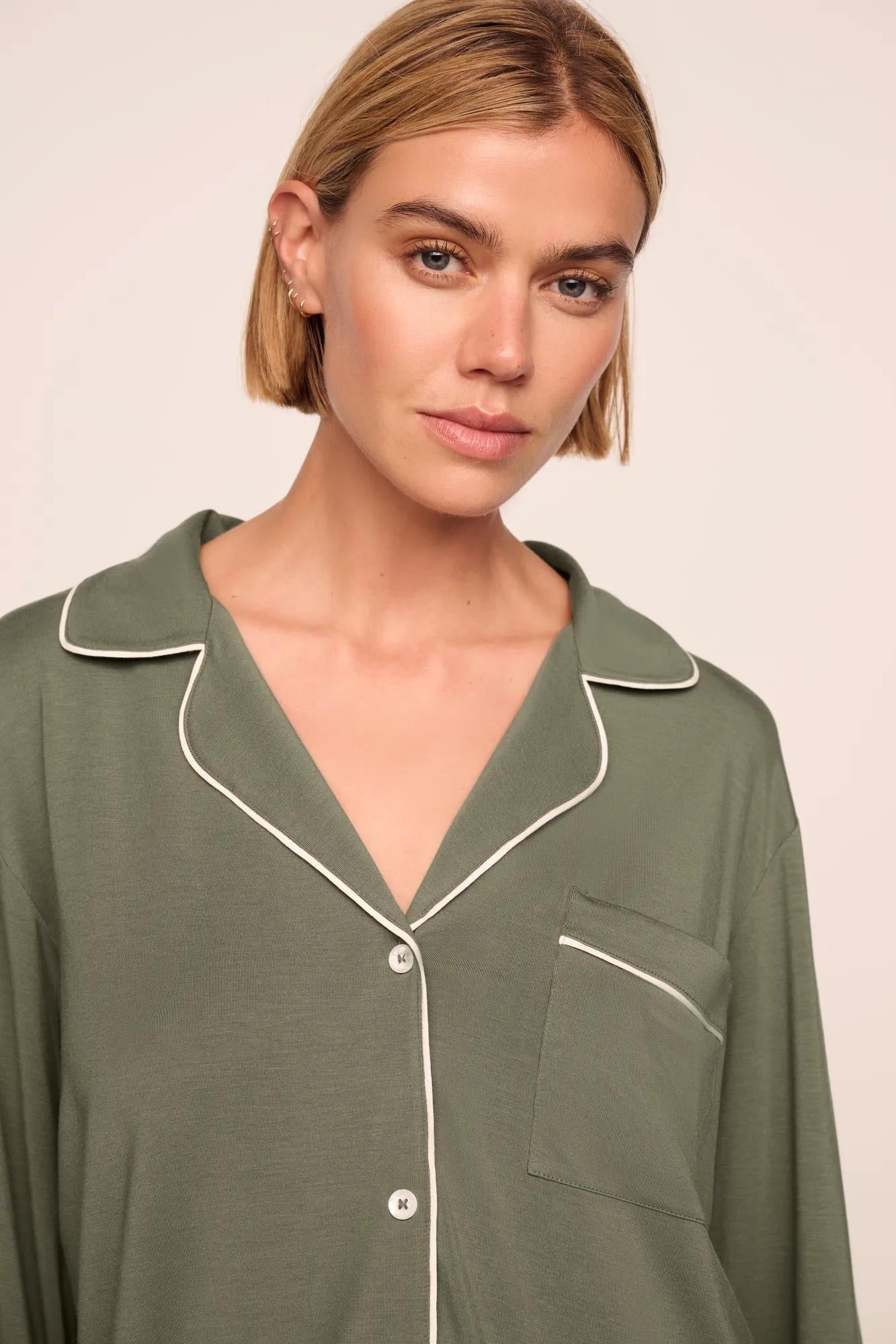 Model is wearing Gisele TENCEL™ Modal Long PJ Set  in Smokey Olive/Ivory