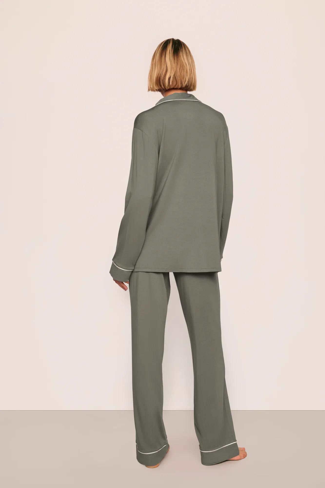 Model is wearing Gisele TENCEL™ Modal Long PJ Set  in Smokey Olive/Ivory