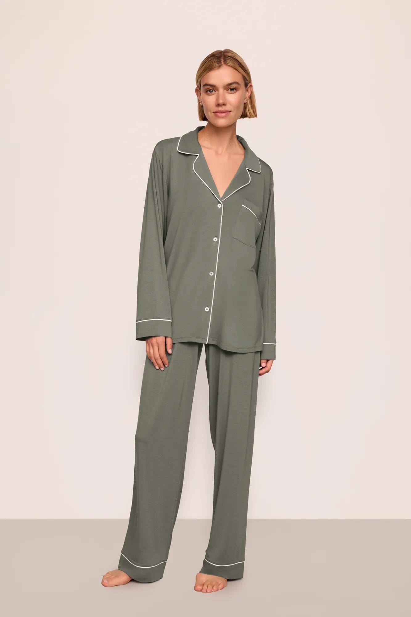 Model is wearing Gisele TENCEL™ Modal Long PJ Set  in Smokey Olive/Ivory