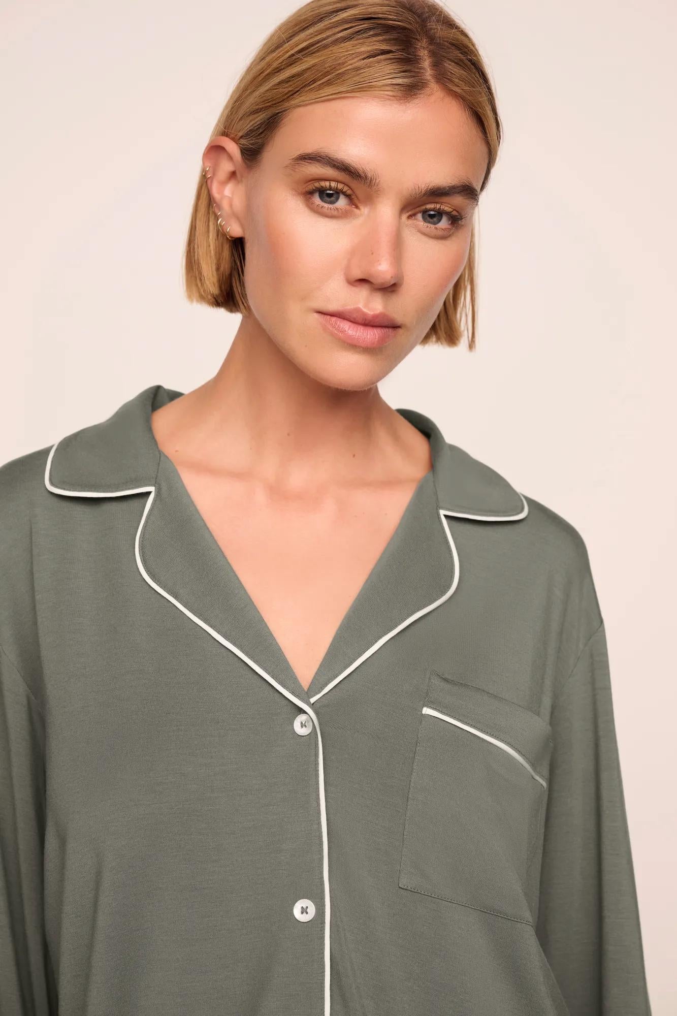 Model is wearing Gisele TENCEL™ Modal Long PJ Set  in Smokey Olive/Ivory
