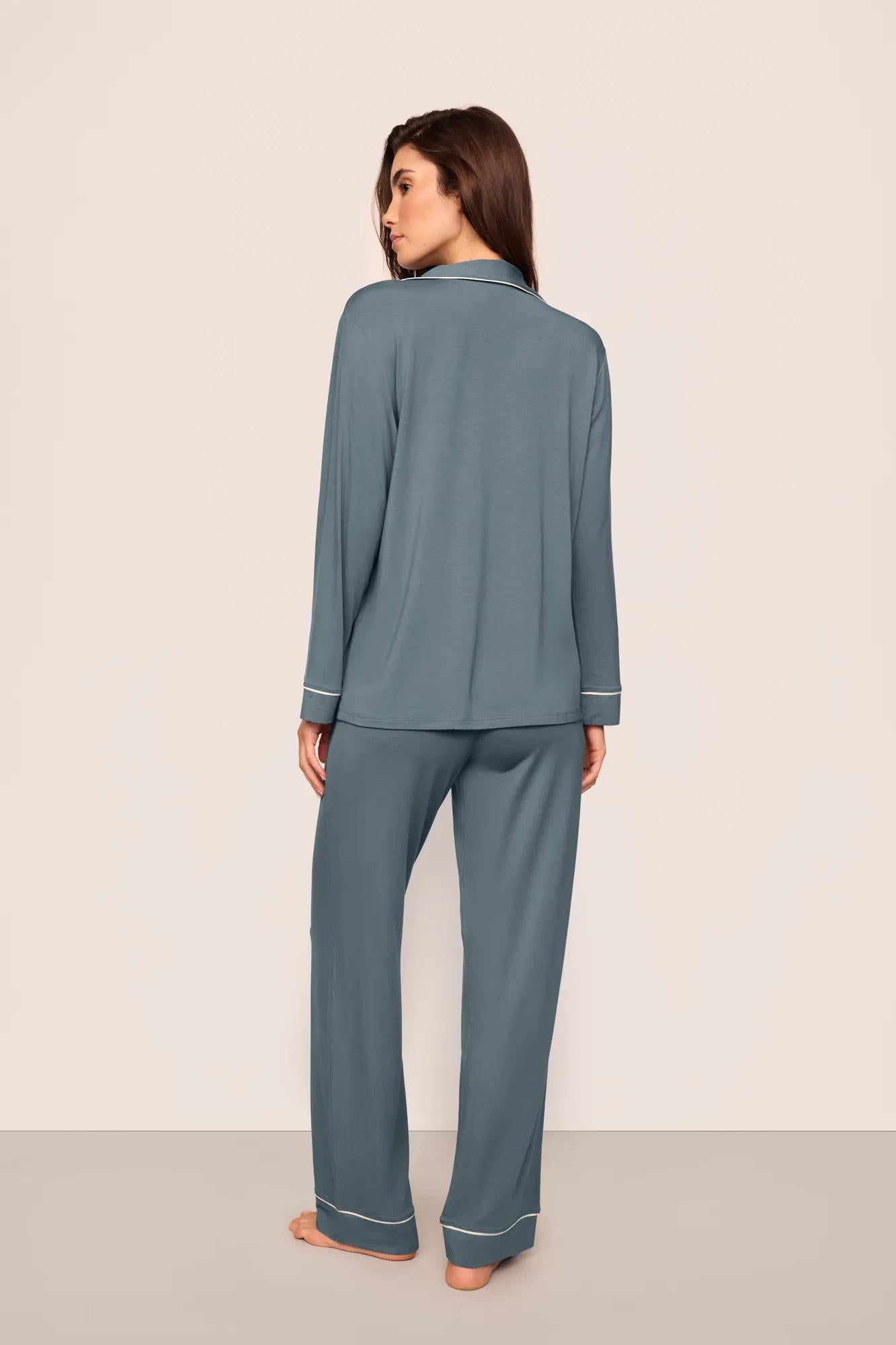 Model is wearing Gisele TENCEL™ Modal Long PJ Set  in  Stone Blue/Ivory