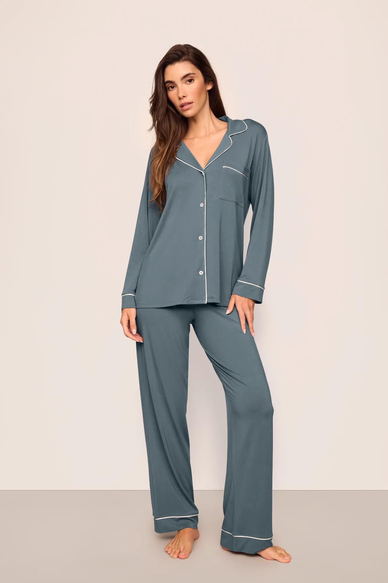 Model is wearing Gisele TENCEL™ Modal Long PJ Set  in  Stone Blue/Ivory