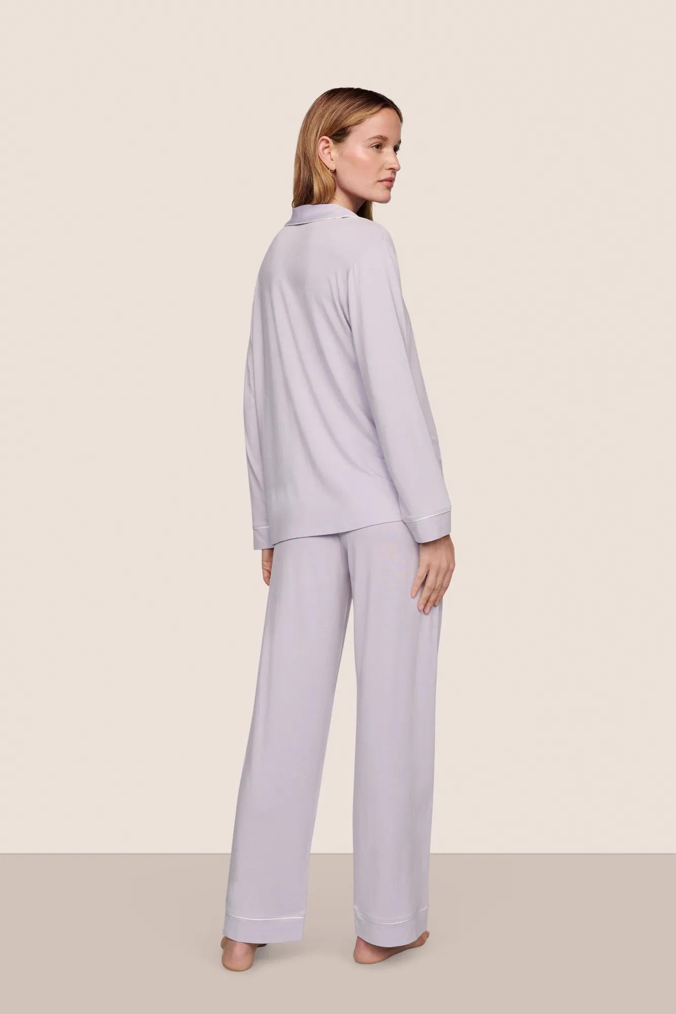 Model is wearing Gisele TENCEL™ Modal Long PJ Set  in Thistle/Ivory