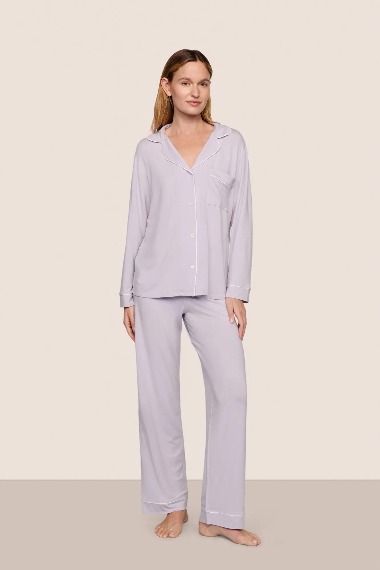 Model is wearing Gisele TENCEL™ Modal Long PJ Set  in Thistle/Ivory