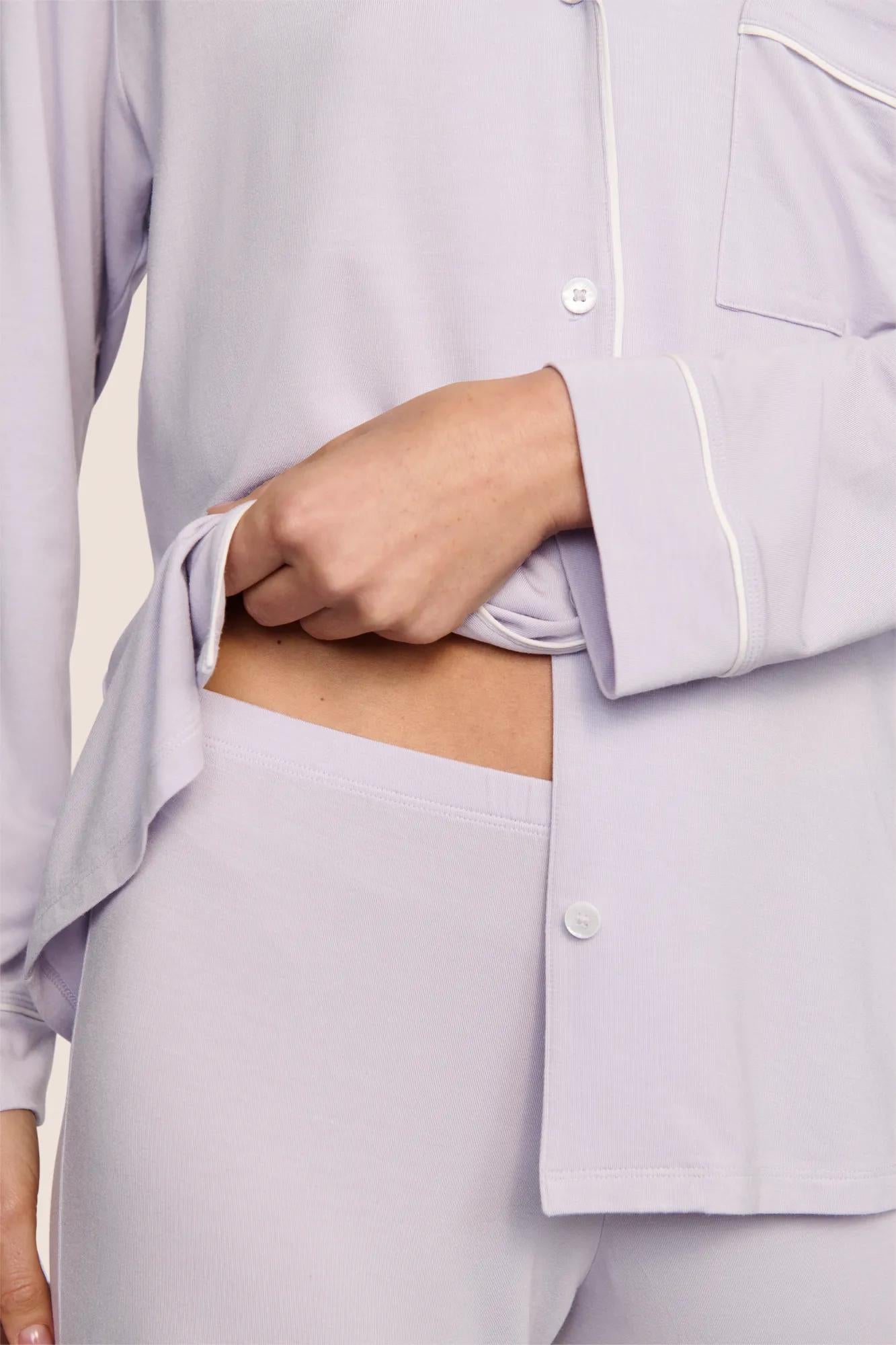 Model is wearing Gisele TENCEL™ Modal Long PJ Set  in Thistle/Ivory