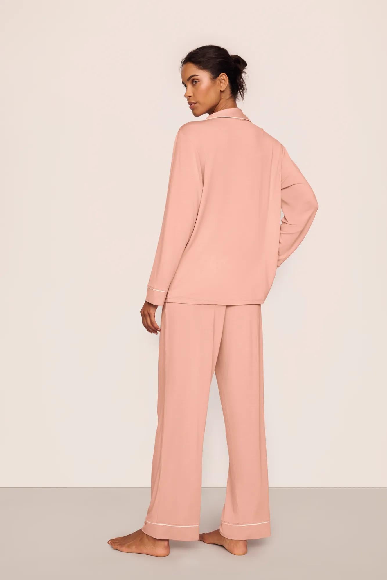 Model is wearing Gisele TENCEL™ Modal Long PJ Set  in Velvet Pink/Ivory