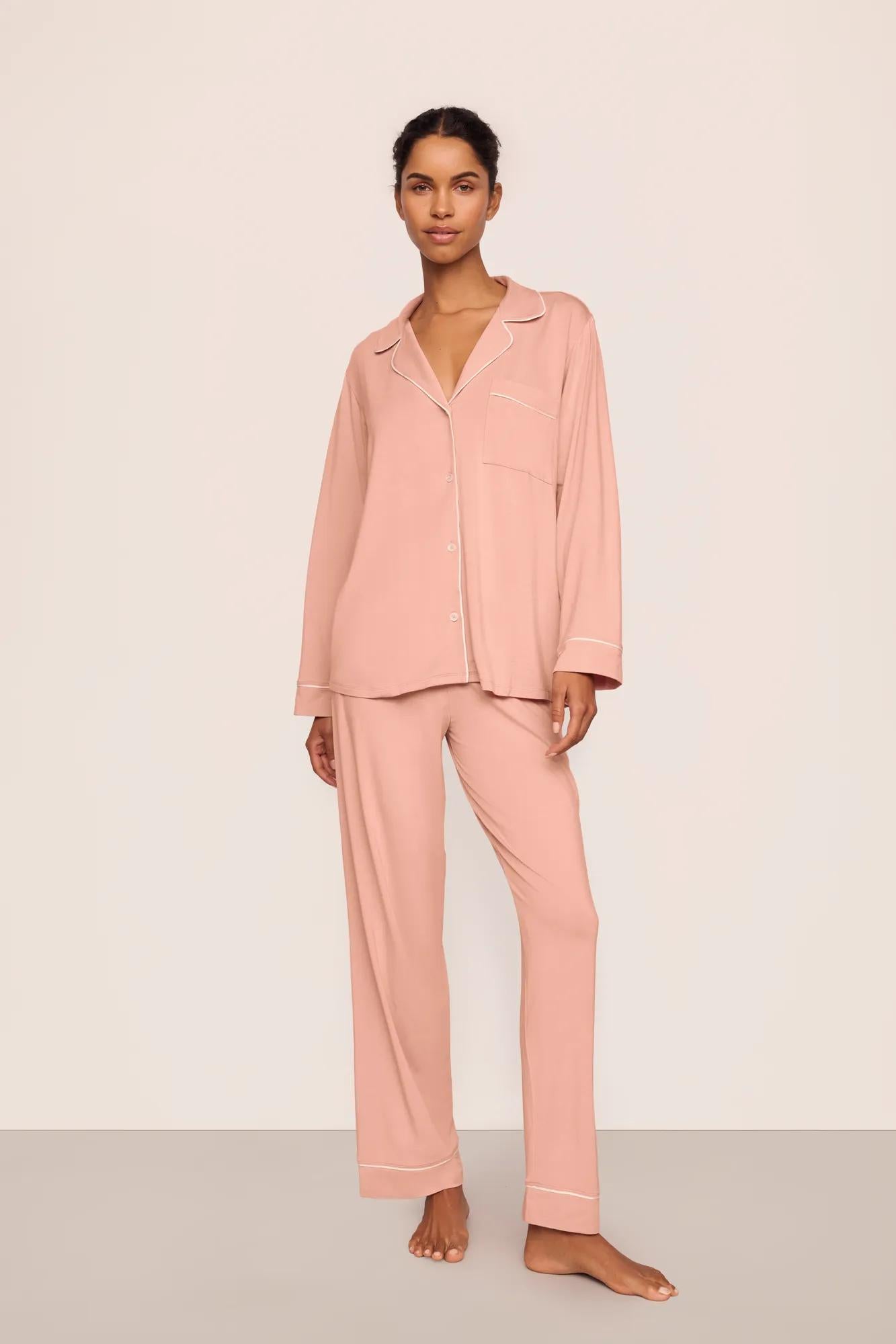 Model is wearing Gisele TENCEL™ Modal Long PJ Set  in Velvet Pink/Ivory
