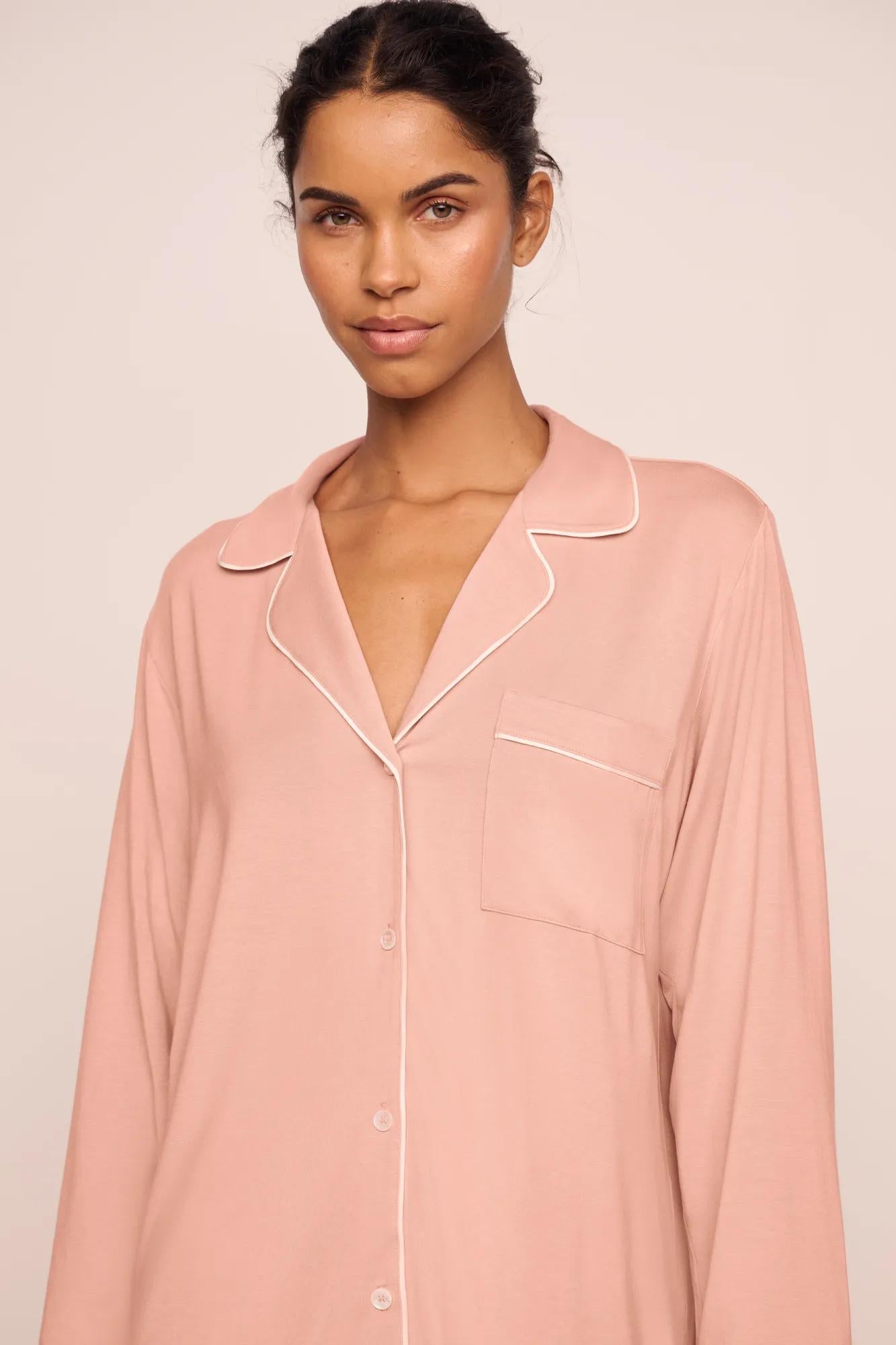 Model is wearing Gisele TENCEL™ Modal Long PJ Set  in Velvet Pink/Ivory