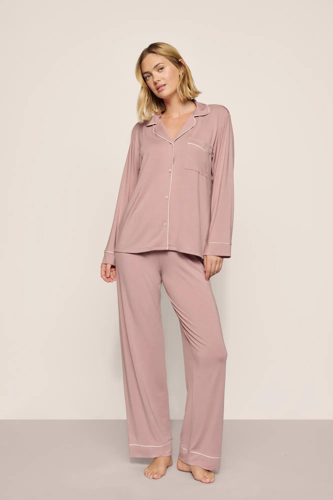 Model is wearing Gisele TENCEL™ Modal Long PJ Set in Woodrose/Ivory