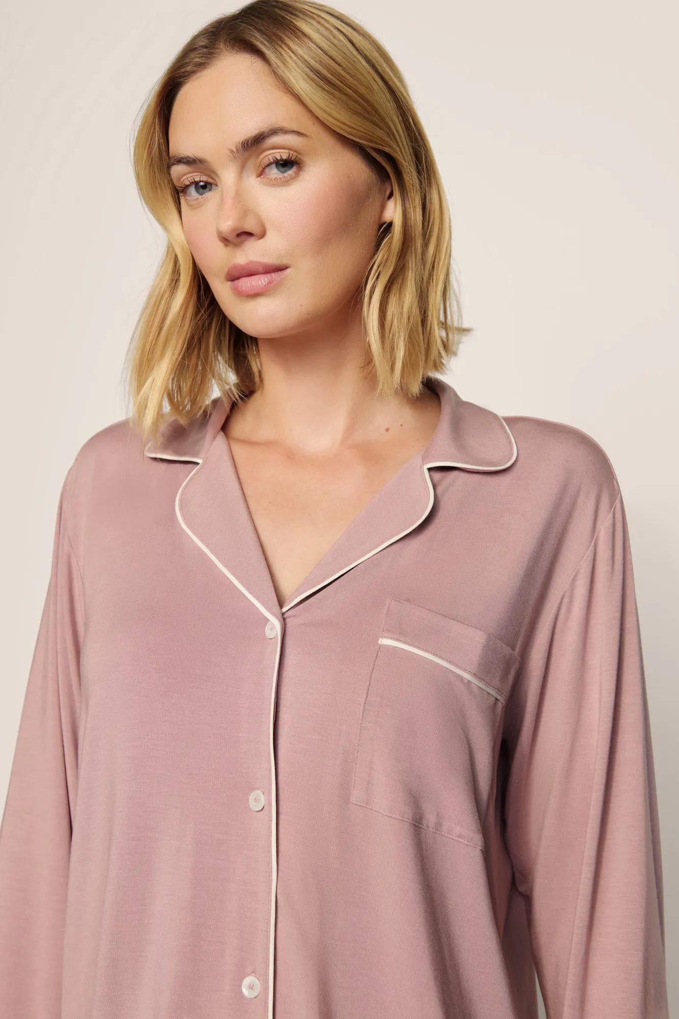 Model is wearing Gisele TENCEL™ Modal Long PJ Set in Woodrose/Ivory