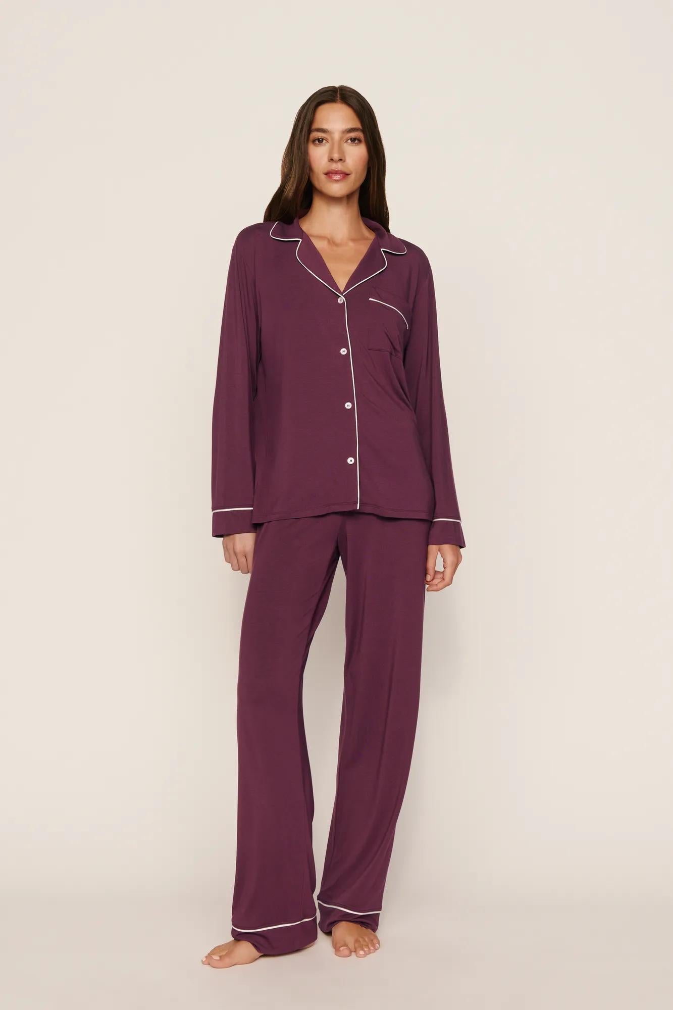 Model is wearing Gisele TENCEL™ Modal Long PJ Set in Wildberry/Ivory