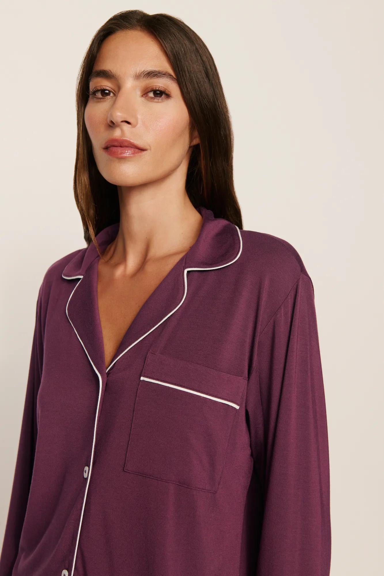 Model is wearing Gisele TENCEL™ Modal Long PJ Set in Wildberry/Ivory