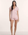 Model is wearing Gisele TENCEL™ Modal Shortie Short PJ Set in Pale Pink/Fig