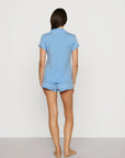 Model is wearing Gisele TENCEL™ Modal Shortie Short PJ Set in Summer Blue/White