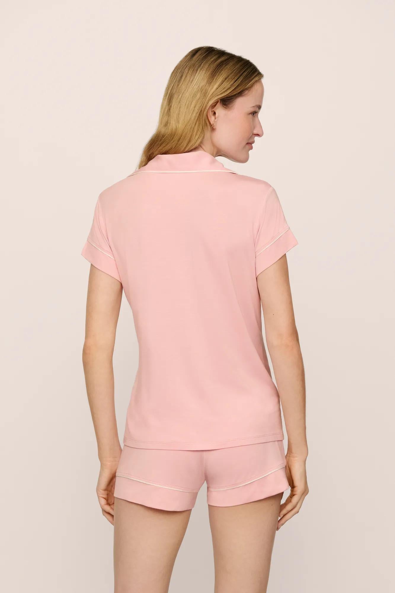 Model is wearing Frida TENCEL™ Modal Shortie Short PJ Set in  Silver Pink/Ivory
