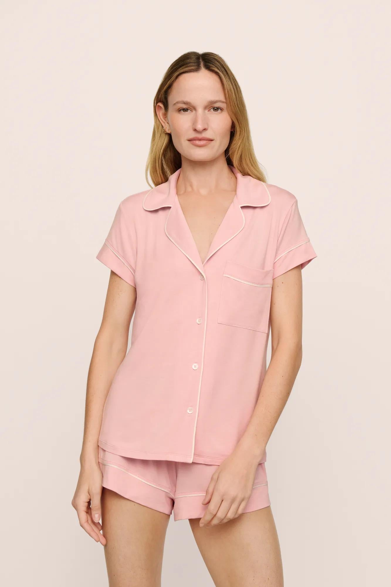 Model is wearing Frida TENCEL™ Modal Shortie Short PJ Set in  Silver Pink/Ivory