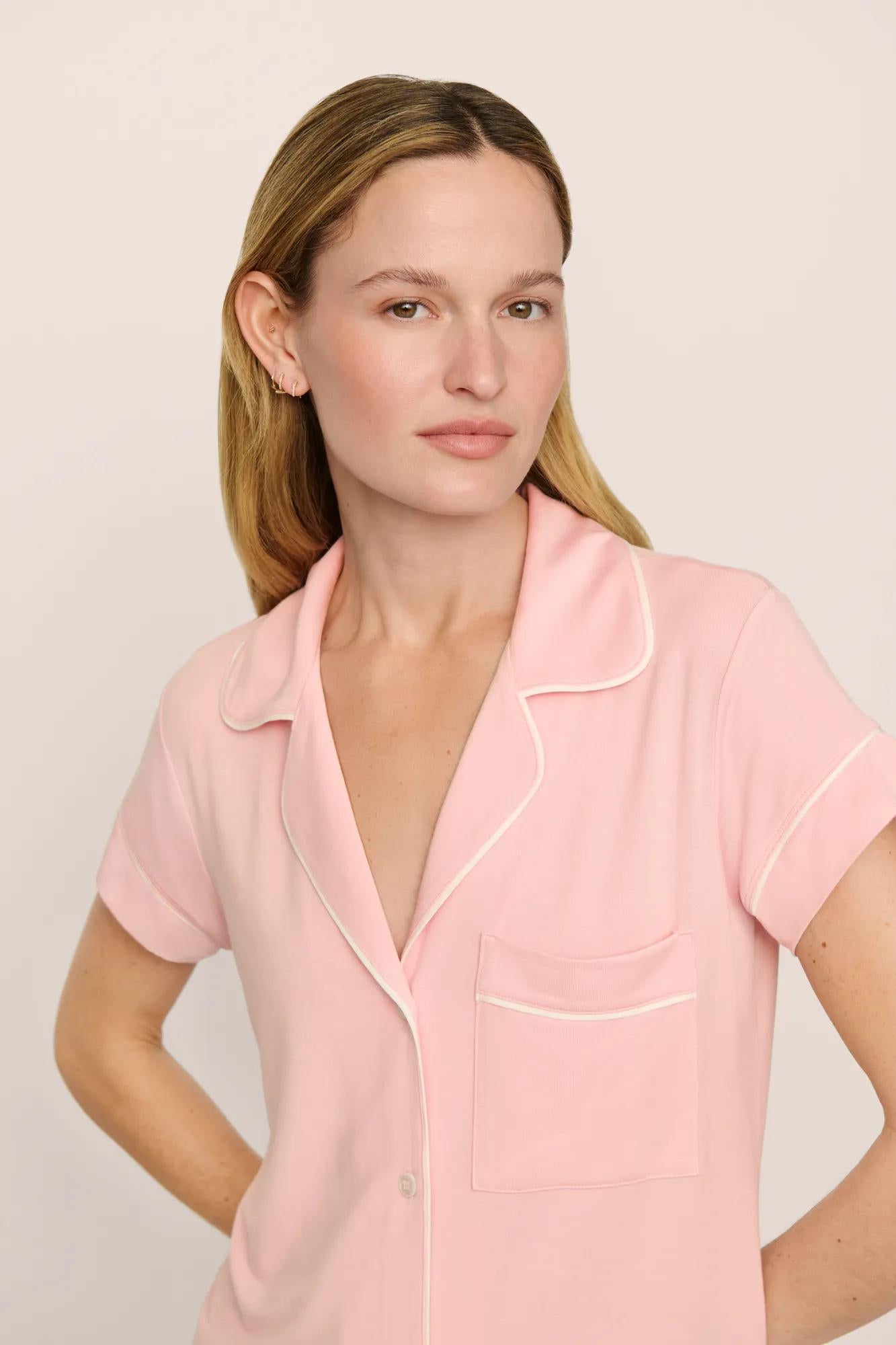 Model is wearing Frida TENCEL™ Modal Shortie Short PJ Set in  Silver Pink/Ivory