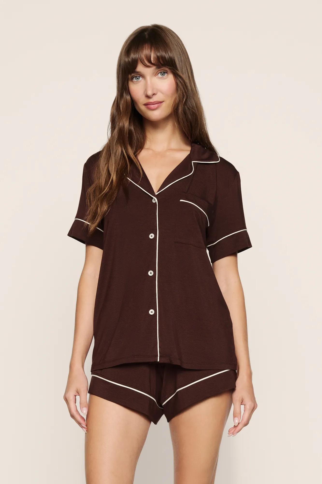 Model is wearing Gisele TENCEL™ Modal Relaxed Short PJ Set in Chocolate/Ivory
