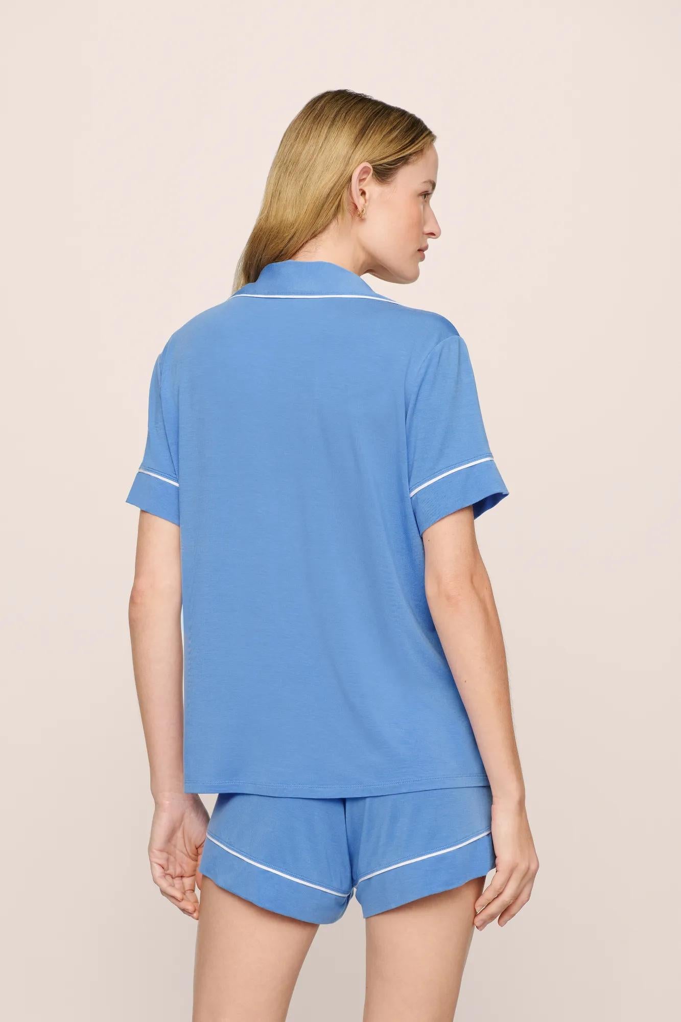 Model is wearing Gisele TENCEL™ Modal Relaxed Short PJ Set in CornflowerBlue/White