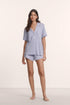 Model is wearing Gisele TENCEL™ Modal Relaxed Short PJ Set in Lavender Dusk/Ivory