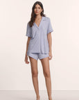 Model is wearing Gisele TENCEL™ Modal Relaxed Short PJ Set in Lavender Dusk/Ivory