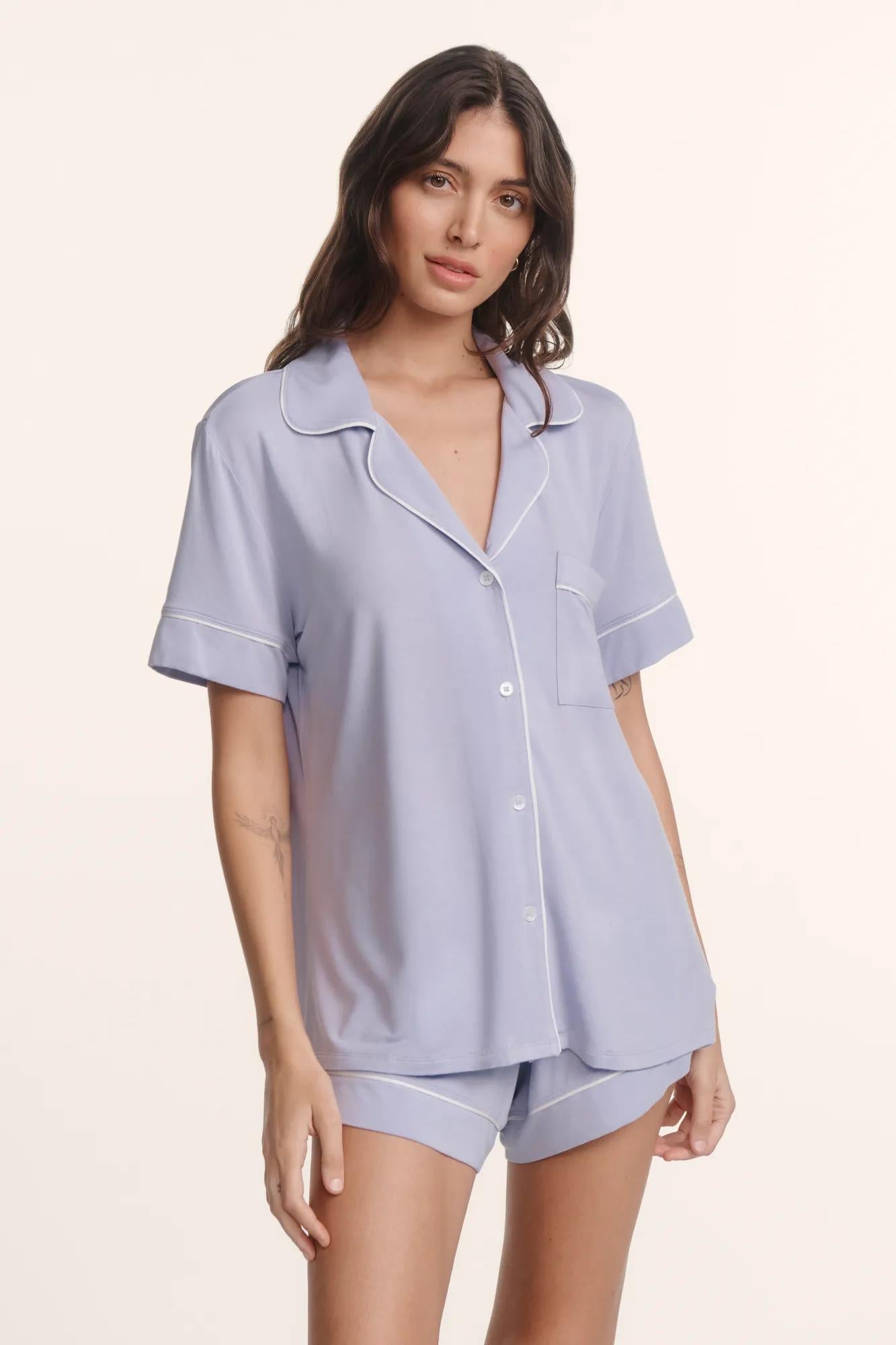 Model is wearing Gisele TENCEL™ Modal Relaxed Short PJ Set in Lavender Dusk/Ivory