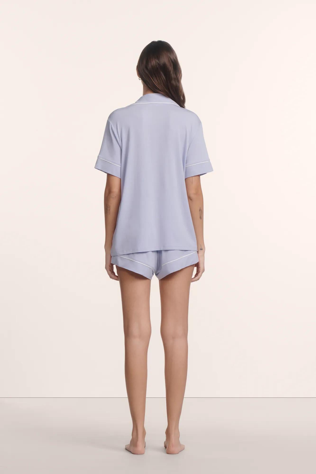Model is wearing Gisele TENCEL™ Modal Relaxed Short PJ Set in Lavender Dusk/Ivory